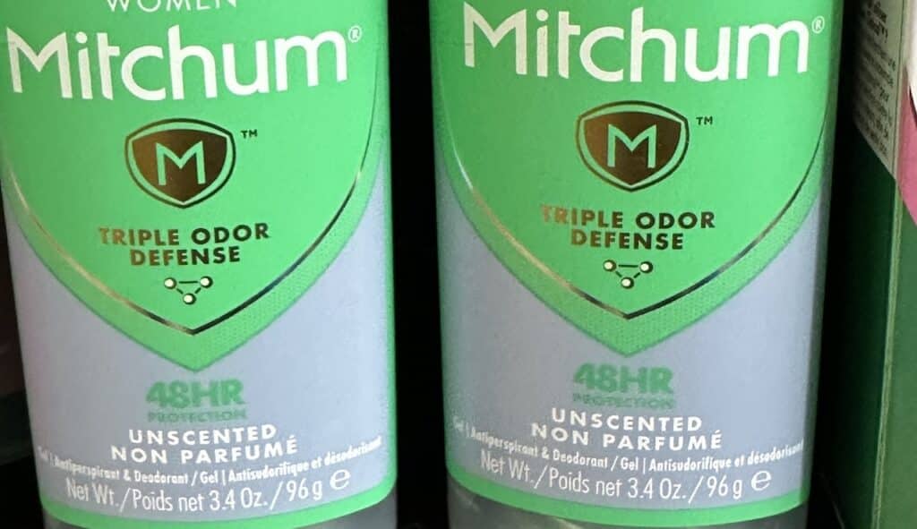 Mitchum deodorant product on retail shelf for sweat and odor protection