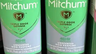 Mitchum deodorant product on retail shelf for sweat and odor protection