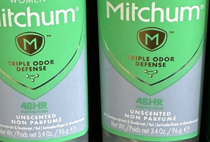 Mitchum deodorant product on retail shelf for sweat and odor protection