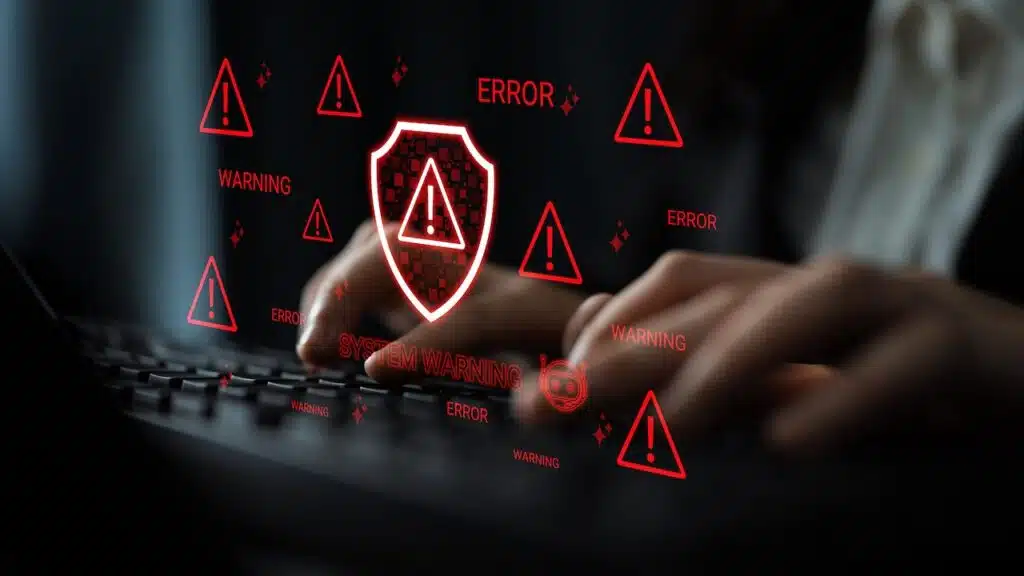 Hands Typing on Keyboard with Digital Security Warnings and Alerts Displayed on Screen Representing Cybersecurity Risks and Data Protection Issues
