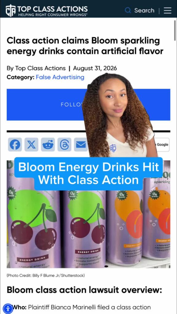 JUST IN: Bloom Nutrition faces a class action over claims its sparkling energy drinks are misleadingly marketed as having “no