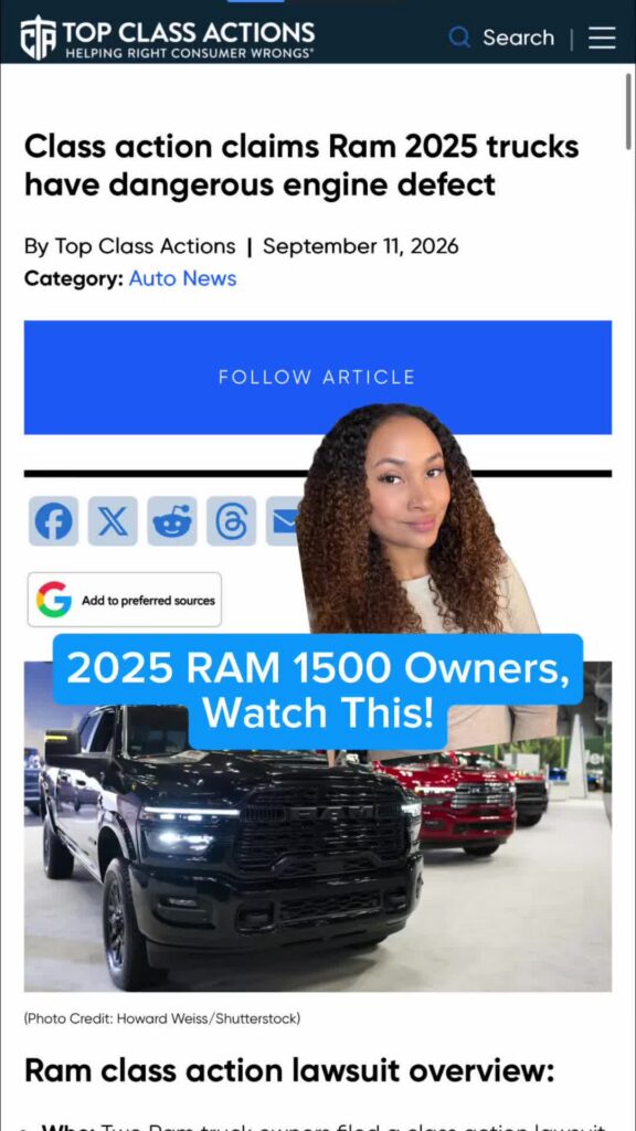 JUST IN: Ram faces a class action over claims certain 2025 Ram 1500 trucks have a dangerous engine defect that