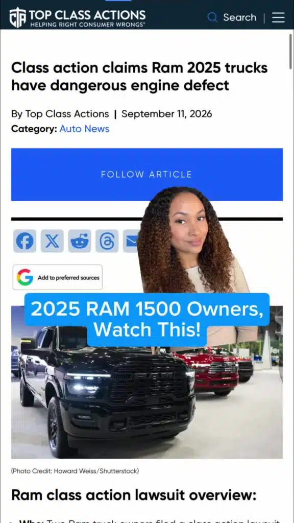 JUST IN: Ram faces a class action over claims certain 2025 Ram 1500 trucks have a dangerous engine defect that
