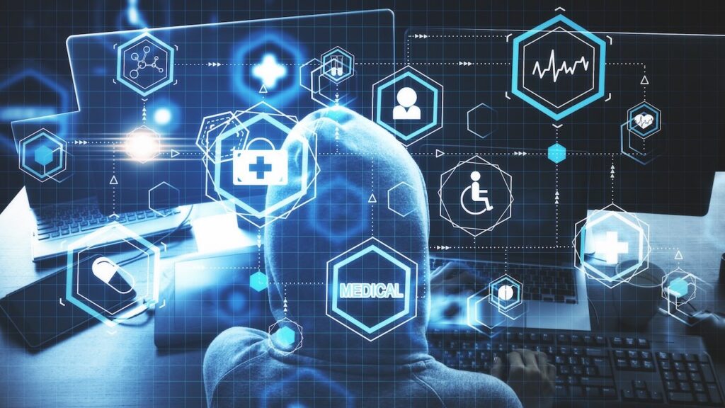 Medicine and technology concept. Hacker