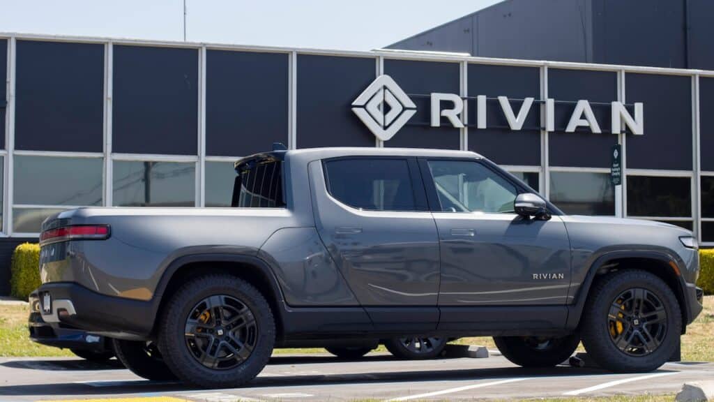 A new Rivian R1T truck is seen at a Rivian service center in South San Francisco, California.