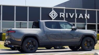 A new Rivian R1T truck is seen at a Rivian service center in South San Francisco, California.