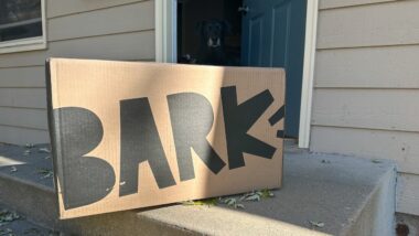 A large Bark Box is delievered to a home residence.