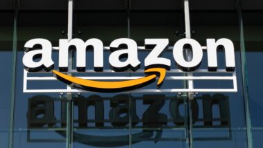 Closeup of the Amazon logo seen at its campus in Palo Alto, California.