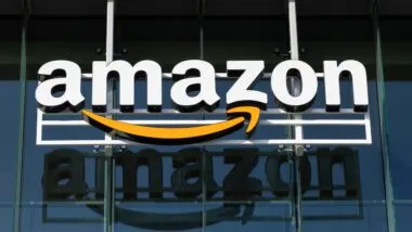 Closeup of the Amazon logo seen at its campus in Palo Alto, California.