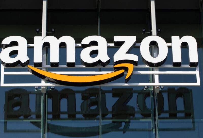 Closeup of the Amazon logo seen at its campus in Palo Alto, California.