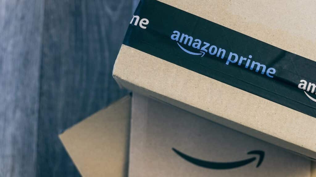 Boxes with Amazon logo on the floor. Order on delivery.