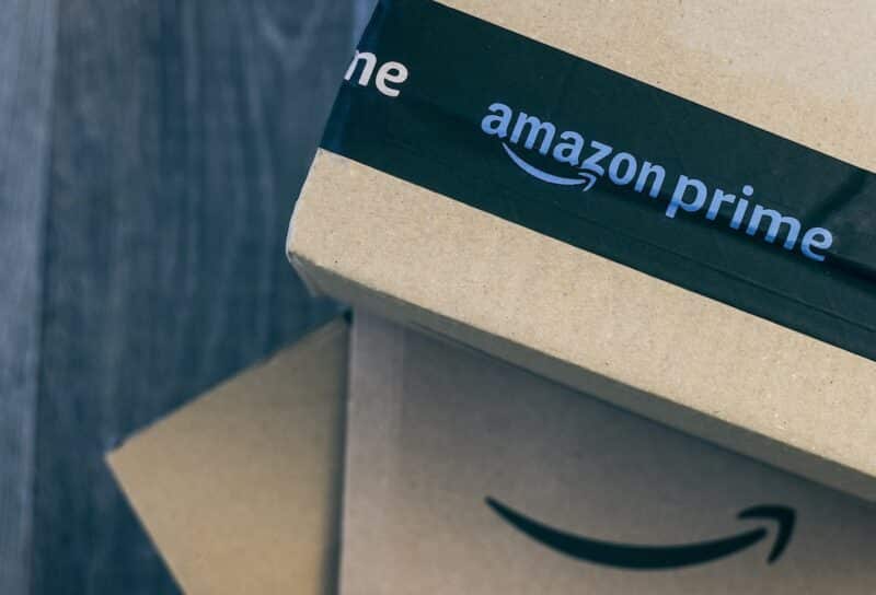 Boxes with Amazon logo on the floor. Order on delivery.