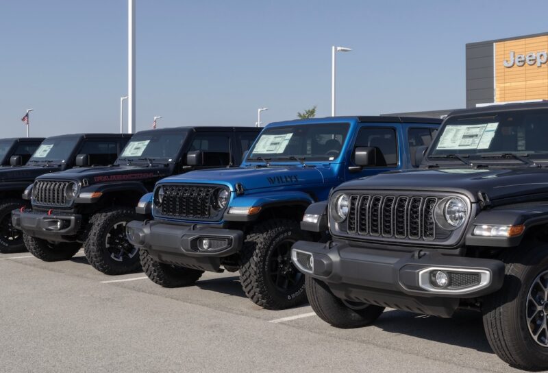 Jeep Wrangler display at a dealership.