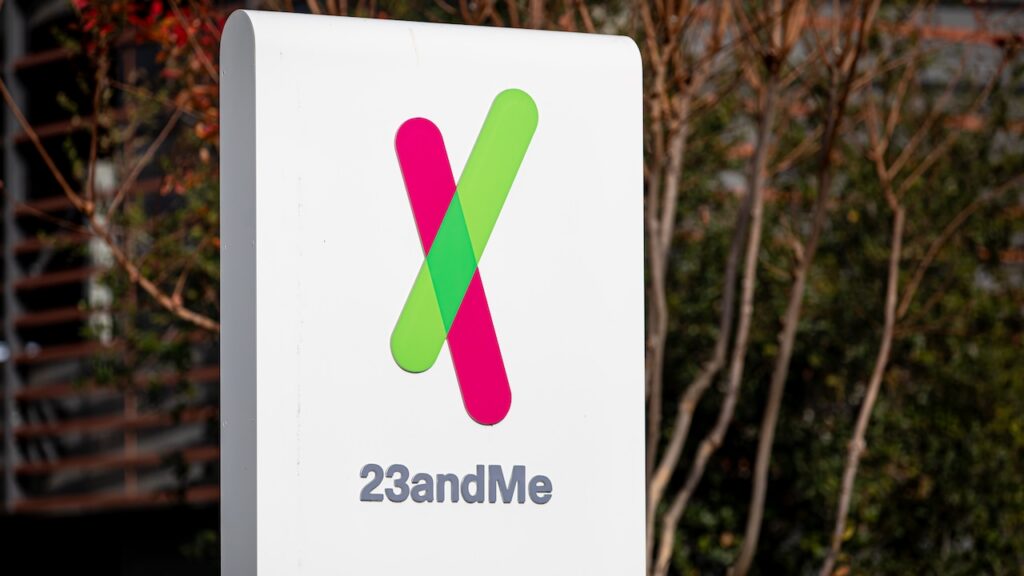 23andMe sign at the company headquarters offices in Silicon Valley.