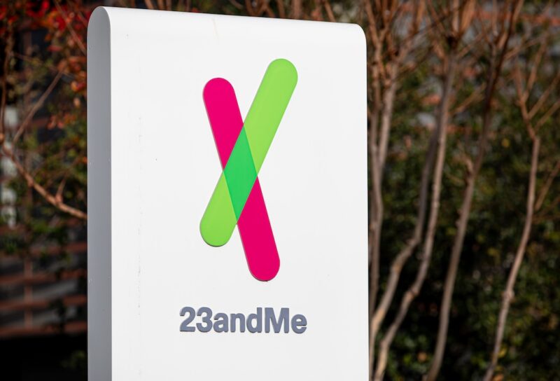 23andMe sign at the company headquarters offices in Silicon Valley.