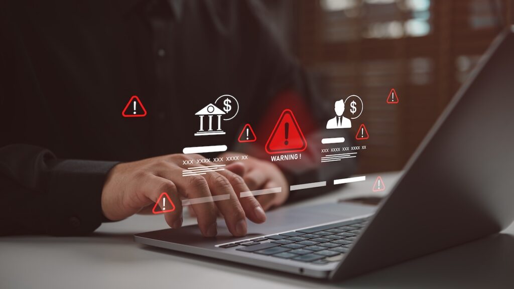 financial warning icons and alert symbols, cybersecurity risk and fraud detection concept, online banking security, data breach
