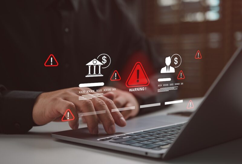 financial warning icons and alert symbols, cybersecurity risk and fraud detection concept, online banking security, data breach
